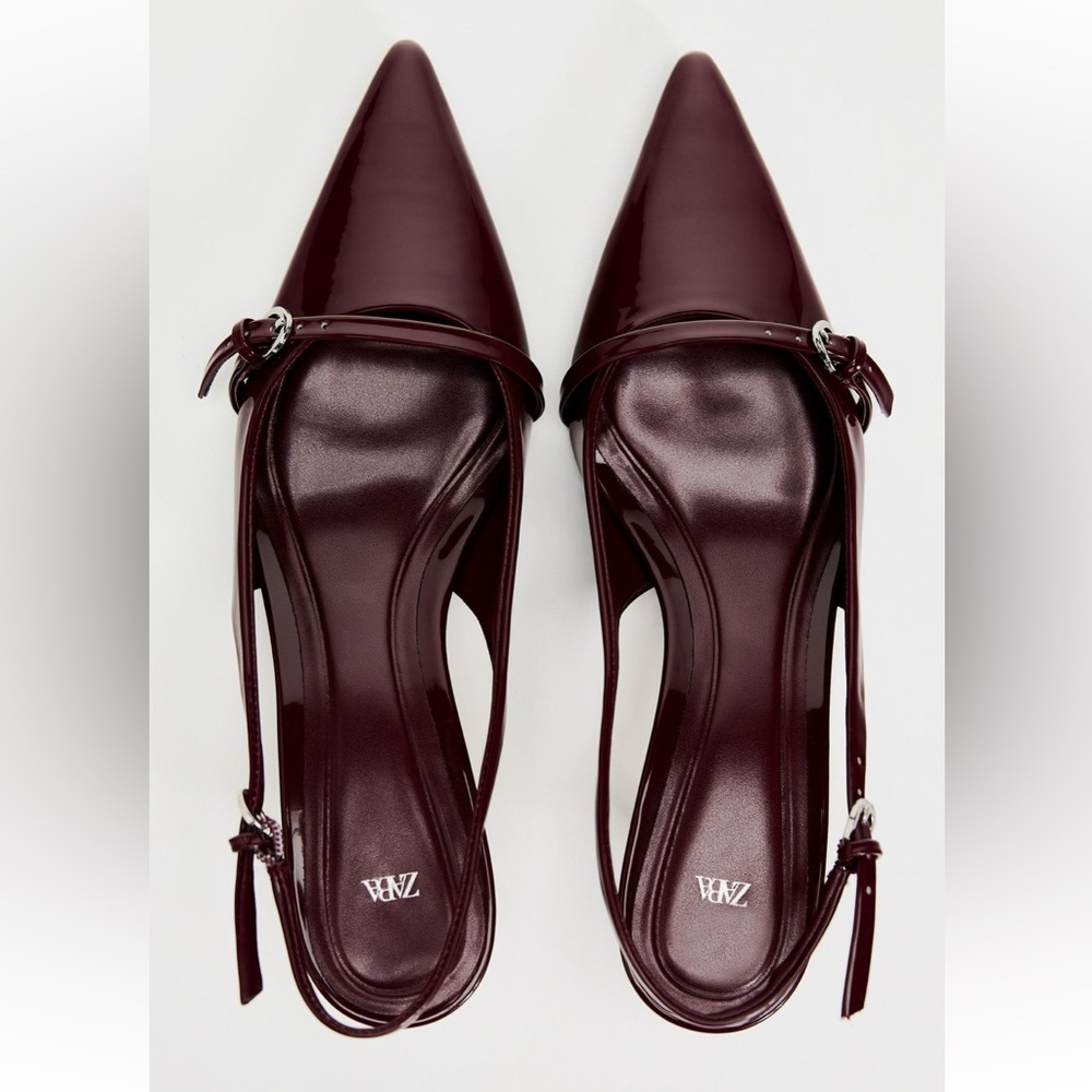 Zara NWT burgundy faux leather patent kitten heels - size 38 - Picture 6 of 6